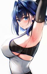  absurdres arm_up armpits black_tube_top blue_bow blue_eyes blue_hair blush bow bow_earrings breasts earrings female highres hololive hololive_english jewelry large_breasts maru_ccy ouro_kronii ouro_kronii_(1st_costume) shirt short_hair sideboob solo strapless tube_top virtual_youtuber white_background white_shirt 