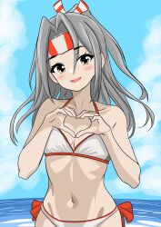  absurdres beach bikini blue_sky bone_namu(namu49850) breasts brown_eyes cloud commentary_request cowboy_shot day female grey_hair hair_between_eyes headband heart heart_hands highres horizon kantai_collection long_hair ocean outdoors ponytail side-tie_bikini_bottom sky small_breasts smile solo striped_headband swimsuit white_bikini zuihou_(kancolle) 