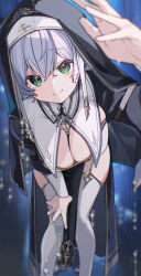  absurdres black_dress black_veil breast_curtains breasts cleavage closed_mouth commentary_request detached_collar double-parted_bangs dress feet_out_of_frame female garter_straps green_eyes grey_hair habit hair_between_eyes hand_on_own_knee hanging_breasts highres hololive incoming_headpat leaning_forward long_dress long_sleeves looking_at_viewer nikuya_mugi nun official_alternate_costume official_alternate_hair_length official_alternate_hairstyle pelvic_curtain pixie_cut reaching reaching_towards_viewer shirogane_noel shirogane_noel_(7th_costume) short_hair side_slit smile solo sweat thighhighs veil very_short_hair very_sweaty virtual_youtuber white_garter_straps white_thighhighs 