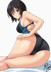  absurdres amagami ass ass_focus back_cutout black_eyes black_hair black_one-piece_swimsuit blue_one-piece_swimsuit breasts closed_mouth clothing_cutout commentary competition_swimsuit dated female hand_on_own_ass highres looking_at_viewer looking_back medium_breasts nanasaki_ai one-piece_swimsuit short_hair signature sitting solo swimsuit tan tanlines thighs two-tone_swimsuit yokozuwari yoo_tenchi 