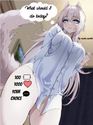  animal_ears artist_name azuki_(azuki_azukki) blue_eyes blue_nails breasts buttons closed_mouth dress_shirt english_text female heart indie_virtual_youtuber long_hair meme mole mole_under_mouth naked_shirt partially_unbuttoned paws_(vtuber) picture_frame second-party_source shirt solo tail thought_bubble twitter_strip_game_(meme) virtual_youtuber white_shirt wolf_ears wolf_girl wolf_tail 