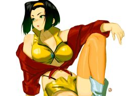  asakiiart black_hair breasts cowboy_bebop faye_valentine female green_eyes hairband hand_on_own_knee jacket looking_to_the_side open_clothes open_jacket orange_thighhighs red_jacket shirt short_hair shorts sitting thighhighs tied_jacket white_footwear yellow_hairband yellow_shirt yellow_shorts 