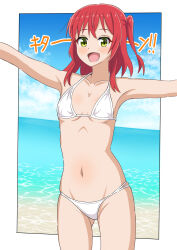  absurdres ass_visible_through_thighs beach bikini blue_sky bocchi_the_rock! breasts cloud collarbone commentary_request cowboy_shot day female highres horizon kita_ikuyo medium_hair ocean one_side_up outdoors red_hair sky small_breasts smile solo swimsuit tanakkii white_bikini yellow_eyes 