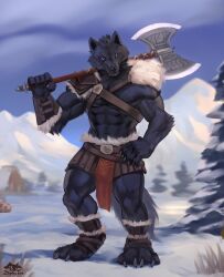  4_toes 5_fingers abs ankle_wraps anthro armor artist_logo artist_name axe battle_axe belt big_muscles black_body black_fur black_nose bladed_weapon blue_eyes bottomwear canid canine canis cheek_tuft claws clothing cloud digitigrade facial_tuft feet finger_claws fingers forest fur gauntlets gloves grass grey_claws hand_on_hip handwear head_tuft holding_axe holding_object logo loincloth looking_at_viewer male mammal mountain muscular muscular_anthro muscular_male outside paws pecs plant sky snaggle_teeth snow solo standing toe_claws toes tree tribal tuft warrior weapon weapon_on_shoulder winter wolf zephyxus 