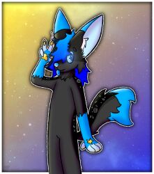  anthro blue_eyes blue_hair border canid canine cosmic_background digital_media_(artwork) female fennec_fox fox fur grey_body grey_fur hair hi_res looking_at_viewer mammal paint_tool_sai_(artwork) pawpads rahony shaded simple_background smile solo space space_background tail true_fox white_border yellow_pawpads 