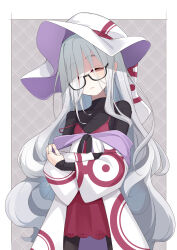  bags_under_eyes black_bodysuit bodysuit closed_eyes closed_mouth covered_collarbone doll_joints dress facing_viewer female glasses grey_background grey_hair hair_over_one_eye hat highres joints long_hair long_sleeves melc_(ogami_kazuki) off_shoulder ogami_kazuki original purple_dress robe sleeves_past_wrists solo standing strap_slip very_long_hair white_hat white_robe witch_hat 