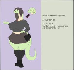  anthro boomslang_snake boots bottomwear character_name clothing ear_piercing ear_ring english_text female footwear hair hi_res hoop_ear_ring humanoid kathy_sinfeld model_sheet photolol.03 piercing purse reptile ring_piercing scalie shoes skirt snake solo tail text 