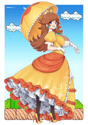  :d black_pantyhose blue_eyes breasts brown_hair crown dress earrings female flower_brooch flower_earrings frilled_dress frills full_body gloves impossible_clothes impossible_dress jewelry large_breasts long_dress long_hair looking_at_viewer mario_(series) orange_dress pantyhose parasol princess_daisy puffy_short_sleeves puffy_sleeves short_sleeves smile solo super_mario_bros._3 umbrella virus-g white_gloves yellow_dress 