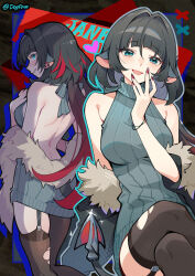  :q abstract_background alternate_costume animal_ears artist_name backless_shirt bare_back bare_shoulders black_garter_straps black_hair black_thighhighs blush breasts character_name chinese_commentary commentary_request crossed_legs feather_boa female garter_straps gou_lianlian_dogface gradient_hair green_eyes green_shirt hair_intakes highres jane_doe_(zenless_zone_zero) large_breasts long_hair looking_at_viewer mouse_ears mouse_girl multicolored_hair multiple_views nail_polish red_hair red_nails ribbed_shirt shirt shoulder_blades sidelocks single_garter_strap single_leg_pantyhose single_thighhigh sitting sleeveless sleeveless_shirt smile streaked_hair thighhighs tongue tongue_out torn_clothes torn_thighhighs very_long_hair zenless_zone_zero 