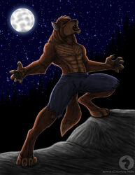  4_toes 5_fingers abs anthro artist_logo artist_name athletic athletic_anthro athletic_male black_claws black_lips black_nose black_pawpads bottomwear broad_shoulders canid canine canis chin_tuft claws closed_eyes clothed clothing digitigrade facial_tuft feet finger_claws fingers forest full_moon head_back head_tuft howl lips logo male mammal mane moon mythological_canine mythological_creature mythology night on_rock open_mouth outside pawpads paws pecs plant ravenfire5 rock sky solo standing star tail teeth text toe_claws toes tongue topless torn_bottomwear torn_clothing tree tuft were werecanid werecanine werewolf wolf 