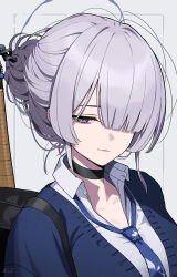  absurdres bag bags_under_eyes black_choker blazer blue_jacket blue_necktie breasts choker cleavage collared_shirt dhokidoki female grey_eyes grey_hair hair_bun hair_ornament hair_over_one_eye hair_stick halo highres itokonoue_kaoru jacket looking_at_viewer loose_necktie necktie portrait project_kv shirt shoulder_bag smile solo white_shirt 