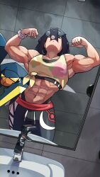  abs armpits bathroom black_hair cellphone female flexing highres juno_son long_hair medicine_cabinet mirror muscular muscular_female phone pokemon pokemon_sm selene_(pokemon) selfie sink smartphone solo vikavolt 