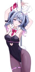  absurdres ahoge animal_ears armpits arms_up black_leotard blue_eyes blue_hair blush bow bowtie breasts clothing_cutout cuffs cutout_above_navel detached_collar fake_animal_ears fake_tail female grey_pantyhose hair_ornament handcuffs hatsune_miku heart_cutout highleg highleg_leotard highres large_breasts leotard long_hair looking_at_viewer mixed-language_commentary multicolored_hair necktie o-ring o-ring_thigh_strap pantyhose pink_hair pink_pupils playboy_bunny pole rabbit_ears rabbit_hole_(vocaloid) rabbit_tail red_bow red_bowtie red_necktie short_necktie simple_background smile solo streaked_hair stripper_pole suoniko tail thigh_strap twintails vocaloid white_background x_hair_ornament 