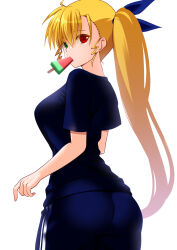  ass black_shirt blonde_hair blue_pants engo_(aquawatery) female food green_eyes hair_ribbon heterochromia highres long_hair looking_back lyrical_nanoha pants popsicle red_eyes ribbon shirt side_ponytail simple_background solo standing t-shirt vivid_strike! vivio watermelon_bar white_background 