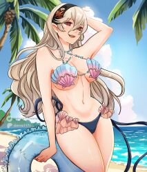  :d absurdres bare_shoulders beach bikini black_hairband blue_sky cloud corrin_(female)_(fire_emblem) corrin_(fire_emblem) cowboy_shot day female fire_emblem fire_emblem_fates fire_emblem_heroes grey_hair hair_between_eyes hairband highres holding holding_swim_ring innertube long_hair looking_at_viewer navel ocean open_mouth red_eyes shell shell_bikini sierra117renner sky smile solo standing stomach swim_ring swimsuit thighs very_long_hair water 