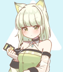  absurdres animal_ear_fluff animal_ears arknights bare_shoulders blue_background blush breasts closed_mouth dress female green_dress green_eyes green_hair hand_up highres kal&#039;tsit_(arknights) long_sleeves looking_at_viewer medium_breasts puffy_long_sleeves puffy_sleeves ryoku_sui see-through see-through_sleeves solo two-tone_background upper_body white_background 