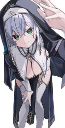  absurdres black_dress black_veil breast_curtains breasts cleavage closed_mouth commentary_request detached_collar double-parted_bangs dress feet_out_of_frame female garter_straps green_eyes grey_hair habit hair_between_eyes hand_on_own_knee hanging_breasts highres hololive incoming_headpat leaning_forward long_dress long_sleeves looking_at_viewer nikuya_mugi nun official_alternate_costume official_alternate_hair_length official_alternate_hairstyle pelvic_curtain pixie_cut reaching reaching_towards_viewer shirogane_noel shirogane_noel_(7th_costume) short_hair side_slit simple_background smile solo sweat thighhighs veil very_short_hair very_sweaty virtual_youtuber white_background white_garter_straps white_thighhighs 