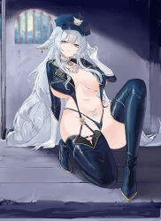  absurdres alternate_costume animal_ears azur_lane bikini bikini_bottom_only blue_eyes blue_footwear blue_shirt blue_thighhighs boots breasts breasts_apart center_opening closed_mouth collar crotch_zipper cuffs earrings female fox_ears garter_straps gloves hand_up handcuffs hat high_heel_boots high_heels highleg highleg_bikini highres huge_breasts jewelry long_hair long_sleeves looking_at_viewer navel no_bra on_one_knee peaked_cap police_hat prison_cell pubic_tattoo revealing_clothes shinano_(azur_lane) shirt solo stomach string_bikini suo_bu_ye_feng swimsuit tattoo thigh_boots thighhighs thighs very_long_hair white_gloves white_hair zipper 