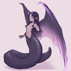  1:1 apode black_body black_hair black_scales breasts claws draconcopode eyelids featureless_breasts female hair hi_res horn humanoid_pointy_ears lamia legless long_hair narrowed_eyes navel purple_eyes reptile scales scalie serpentine small_breasts smile snake solo split_form tail tateoftot white_body white_skin wing_claws wings 