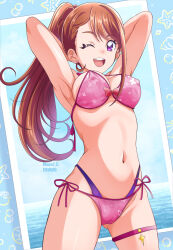  arms_behind_head bikini breasts brown_hair commentary_request female hanzou highres hijiri_ageha hirogaru_sky!_precure long_hair looking_at_viewer medium_breasts one_eye_closed open_mouth pink_bikini ponytail precure purple_eyes round_teeth side-tie_bikini_bottom smile solo swimsuit teeth upper_teeth_only 