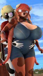  3d_(artwork) 4k 9:16 absurd_res anthro belly big_breasts bovid bovine braided_pigtails breasts cattle cowbell digital_media_(artwork) donglysfm duo farm female freya_(donglysfm) grabbing_from_behind hair hair_over_eyes hi_res horn huge_breasts mammal mature_female outside overalls_only red_hair revamped_anthros slightly_chubby slightly_chubby_female source_filmmaker_(artwork) tess_(donglysfm) 