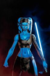  aayla_secura alien black_pants black_sports_bra blue_lightsaber blue_skin breasts brown_eyes cleavage clenched_hand colored_skin david_marquez energy_sword female highres holding_lightsaber lightsaber looking_at_viewer medium_breasts midriff navel pants pelvic_curtain reverse_grip signature single_sleeve solo sports_bra star_wars sword torn_clothes torn_pants twi&#039;lek weapon 