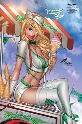  belt blonde_hair blue_eyes bow bowtie breasts cleavage crop_top crossed_legs day english_text female food gloves green_belt green_bow green_bowtie green_footwear hat high_heels highres holding holding_food holding_ice_cream ice_cream ice_cream_cone ice_cream_stand logo long_hair looking_to_the_side medium_breasts microskirt outdoors parted_lips paul_green red_lips shirt short_sleeves signature sitting skirt solo thighhighs ula_mos white_gloves white_hat white_shirt white_skirt white_thighhighs zenescope 