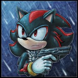  anthro black_body black_fur black_nose eulipotyphlan fluffy_chest fur gun handgun hedgehog male mammal pistol portrait raindrops raining ranged_weapon red_eyes red_stripes sega shadow_the_hedgehog simple_background skeletalheart solo sonic_the_hedgehog_(series) stripes weapon wet wet_body white_chest white_glove 