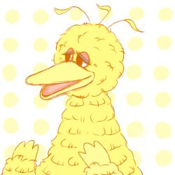  1:1 2017 3_fingers anthro avian beak big_bird_(sesame_street) bird black_eyes chotpot digital_drawing_(artwork) digital_media_(artwork) dotted_background feathers fingers flat_colors fluffy half-closed_eyes male narrowed_eyes neck_tuft open_mouth open_smile pattern_background pbs pink_eyelids pink_tongue sesame_street simple_background smile solo tongue tuft white_background yellow_beak yellow_body yellow_feathers 