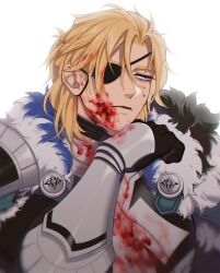  1boy arm_up armor armored_gloves black_fur black_gloves blonde_hair blood blood_in_hair blood_on_armor blood_on_face blue_eyes breastplate cape closed_mouth commentary dimitri_alexandre_blaiddyd english_commentary eyepatch fire_emblem fire_emblem:_three_houses fur_trim gloves hair_behind_ear looking_to_the_side male_focus narrowed_eyes one_eye_covered ponytail ruebird short_ponytail sideways_glance simple_background solo upper_body white_armor white_background white_fur wiping_face 