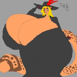  1:1 anthro big_breasts breasts cheetah cleavage clothed clothing demon dress felid feline female gloves handwear hazbin_hotel huge_breasts hyper hyper_breasts mammal original_character(s) signature smile solo tail themultibrony21 