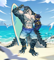  2024 abdominal_scar abs anklet anthro avian beach biceps bird blue_clothing blue_sky blue_swimming_trunks blue_swimwear bracelet cheek_scar chest_scar claws clothed clothing cloud countershade_torso countershading crocodile crocodilian crocodylid cybernetic_arm cybernetic_limb day diana24697160 digit_ring eyewear eyewear_on_head facial_scar feet feral finger_claws gold_(metal) gold_tooth gradient_clothing green_body green_scales gull hand_on_hip head_spines hi_res jewelry lari larid long_tail looking_at_viewer male muscular muscular_anthro muscular_male neck_scar obliques reptile ring ryuichi_arasaka sand scales scalie scar sea sharp_teeth sky snout snout_scar solo standing sunglasses sunglasses_on_head surfboard swimming_trunks swimming_trunks_only swimwear tail tail_spines tan_body tan_countershading tan_scales teeth toe_claws toe_ring toes topless water yellow_eyes 