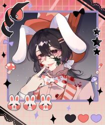  1boy animal_ears black_eyes black_hair blood blood_on_clothes blood_on_face bow bowtie chinese_commentary commentary_request cracked_skin finger_to_cheek hair_between_eyes hair_ornament hair_ribbon hairclip hat heart highres jacket long_hair long_sleeves luojin male_focus mo_chengwei mole mole_under_mouth mushroom official_alternate_costume open_clothes open_jacket open_mouth pink_jacket pink_shirt polka_dot_bowtie portrait rabbit rabbit_ears red_hat red_vest ribbon shirt smile solo touqi_guaitan vest white_bow white_bowtie white_ribbon 