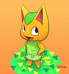  absurd_res animal_crossing bottomwear citrus_fruit clothing domestic_cat felid feline felis female green_bottomwear green_clothing green_skirt half_dime hi_res looking_at_viewer mammal markings nintendo orange_body orange_skin skirt smile smiling_at_viewer solo spots spotted_body standing tail tangy_(animal_crossing) tongue 