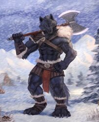  4_toes 5_fingers abs ankle_wraps anthro armor artist_logo artist_name axe battle_axe belt big_muscles black_body black_fur black_nose bladed_weapon blue_eyes bottomwear canid canine canis cheek_tuft claws clothing cloud digitigrade facial_tuft feet finger_claws fingers forest fur gauntlets gloves grass grey_claws hand_on_hip handwear head_tuft holding_axe holding_object logo loincloth looking_at_viewer male mammal mountain muscular muscular_anthro muscular_male outside paws pecs plant sky snaggle_teeth snow snowing solo standing toe_claws toes tree tribal tuft warrior weapon weapon_on_shoulder winter wolf zephyxus 