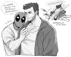  &gt;_&lt; 2boys anger_vein bara beard blood blood_splatter blush chest_hair claw_(weapon) closed_mouth commentary_request deadpool deadpool_&amp;_wolverine deadpool_(series) dismemberment dreaming_oor facial_hair greyscale highres large_pectorals looking_at_another male_focus marvel mask monochrome multiple_boys muscular muscular_male pectoral_grab pectorals scar shirt short_hair short_sleeves thumbs_up translation_request twitter_username violence weapon wolverine_(x-men) x-men yaoi 