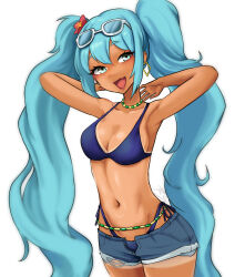  :d aqua_eyes aqua_hair arms_behind_head artist_name bead_choker beads belly_chain bikini bikini_tan blue_shorts brazilian_flag brazilian_flag_print brazilian_miku breasts cleavage collarbone commentary crop_top cropped_shirt cutoffs dark-skinned_female dark_skin denim denim_shorts earrings exposed_pocket eyelashes eyewear_on_head female flower gold_earrings hair_flower hair_ornament hatsune_miku hibiscus highleg highleg_bikini highres initial jewelry long_hair lowleg lowleg_shorts midriff navel no_shirt oerba_yun_fang open_clothes open_fly open_mouth open_shorts purple_bikini rectangular_earrings red_flower reversein short_shorts shorts shorts_tan side-tie_bikini_bottom signature single_bare_shoulder skin_fang smile solo sunglasses swimsuit swimsuit_under_clothes tan tanlines twintails very_long_hair vocaloid white-framed_eyewear 