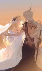  2girls arknights blonde_hair blue_eyes chromatic_aberration dress evening flower gradient_sky hair_flower hair_ornament highres horns multiple_girls nightingale_(arknights) shining_(arknights) sky sword torn_clothes weapon wedding_dress white_hair xundaixun yuri 