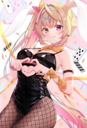  4-finger_heart_hands alternate_costume animal_ears arm_ribbon armband black_armband black_leotard bow bowtie breasts card clothing_cutout commentary_request detached_collar fake_animal_ears female fishnets hair_ornament hair_ribbon hairband heart heart_cutout heart_hands heterochromia highres hoshikawa_sara leather_strap leotard long_hair looking_at_viewer medium_breasts necktie nijisanji pantyhose playboy_bunny playing_card rabbit_ears red_eyes red_nails red_ribbon ribbon side_ponytail smile solo tojo_(natumi1412) tongue tongue_out very_long_hair virtual_youtuber white_background wing_collar x_hair_ornament yellow_bow yellow_bowtie yellow_eyes yellow_necktie yellow_ribbon 