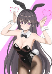  animal_ears bare_shoulders black_bow black_bowtie black_hair black_leotard black_pantyhose bow bowtie breasts cleavage cowboy_shot detached_collar fake_animal_ears hair_between_eyes half_updo leaning_forward leotard lianhao_lianman long_hair medium_breasts pantyhose playboy_bunny purple_eyes rabbit_ears rabbit_pose rabbit_tail strapless strapless_leotard suou_yuki tail thigh_gap tokidoki_bosotto_roshia-go_de_dereru_tonari_no_alya-san two-tone_background very_long_hair wrist_cuffs 