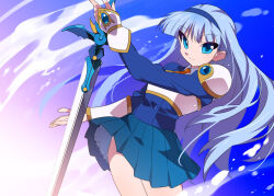  armor blue_eyes blue_hair blue_hairband blue_skirt blue_theme breastplate buttons double-breasted female fingerless_gloves gloves hairband holding holding_sword holding_weapon kaidou_zx long_hair magic_knight_rayearth necktie pleated_skirt red_necktie ryuuzaki_umi shoulder_pads skirt solo standing sword thigh_peek weapon white_gloves 