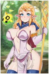  blonde_hair breasts cloak delux_drawings dress earrings elbow_gloves female gloves gold_circlet jewelry large_breasts looking_at_viewer o-ring pelvic_curtain pointy_ears princess_zelda revealing_clothes smile the_legend_of_zelda the_legend_of_zelda:_echoes_of_wisdom thighhighs tri_(zelda) tri_rod 