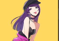  bare_shoulders black_hat breasts chain_necklace chains checkered_clothes choker cleavage diagonal_bangs female hat idolmaster idolmaster_shiny_colors jacket jewelry lichtendamiuntis long_hair mask_pull medium_breasts necklace off_shoulder pink_jacket purple_eyes purple_hair single_strap smile tanaka_mamimi tongue tongue_out yellow_background 