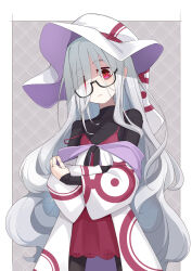  bags_under_eyes black_bodysuit bodysuit closed_mouth covered_collarbone doll_joints dress female glasses grey_background grey_hair hair_over_one_eye hat highres joints long_hair long_sleeves looking_down melc_(ogami_kazuki) off_shoulder ogami_kazuki original purple_dress purple_eyes robe sleeves_past_wrists solo standing strap_slip very_long_hair white_hat white_robe witch_hat 