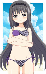  akemi_homura beach bikini black_bikini black_hair black_hairband blue_sky breasts cloud collarbone cowboy_shot crossed_arms day female grey_hair groin hairband highres horizon ikemaziro looking_at_viewer mahou_shoujo_madoka_magica multicolored_bikini multicolored_clothes ocean outdoors plaid_bikini plaid_clothes side-tie_bikini_bottom sky small_breasts solo strapless strapless_bikini swimsuit v-shaped_eyebrows 