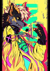  2024 2_horns absurd_res anthro biped black_body black_fur black_sclera canid canine canis clothing curved_horn fur hi_res horn jacket looking_at_viewer male mammal slim_anthro slim_male solo su_shii topwear wolf yellow_clothing yellow_eyes yellow_jacket_(clothing) yellow_topwear 