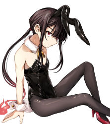  1boy animal_ears armpit_crease black_hair black_leotard buttoned_cuffs buttons collarbone crossdressing detached_collar fake_animal_ears fake_tail fate/grand_order fate_(series) feet_out_of_frame from_side frown hair_between_eyes hair_tie hand_on_ground high_heels highleg highleg_leotard highres knee_up leotard long_hair looking_at_viewer looking_up male_focus male_playboy_bunny oda_nobukatsu_(fate) pantyhose pectoral_cleavage pectorals playboy_bunny ponytail pumps rabbit_ears rabbit_tail red_eyes red_footwear shiny_clothes sidelocks simple_background sitting solo strapless strapless_leotard t_kattu tail very_long_hair white_background wrist_cuffs 