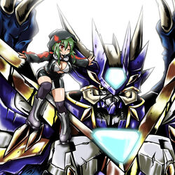  armor bike_shorts bikini bikini_top black_jacket black_legwear blue_armor boots breasts digimon dragon dragon_wings female female full_armor goggles goggles_around_neck green_hair horns jacket monster n36hoko orange_eyes royal_knights shinomiya_rina short_hair smile solo swimsuit ulforceveedramon ulforceveedramon_x underboob unzipped wings 