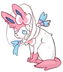  2018 aliasing alpha_channel ambiguous_gender blue_body blue_eyes blue_fur blue_sclera cone_of_shame digital_media_(artwork) eeveelution feral frown fur generation_6_pokemon medical_instrument multicolored_body multicolored_fur nintendo paws pink_body pink_fur pink_tail pokemon pokemon_(species) ribbons sad scientific_instrument simple_background solo sylveon tail transparent_background unknown_artist white_body white_fur 