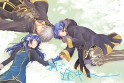  1boy 2girls blue_hair blush closed_eyes commentary_request father_and_daughter fire_emblem fire_emblem_awakening hood iwatsuki jacket long_hair lucina_(fire_emblem) morgan_(female)_(fire_emblem) morgan_(fire_emblem) mother_and_daughter multiple_girls robin_(fire_emblem) robin_(male)_(fire_emblem) short_hair sleeping tiara 